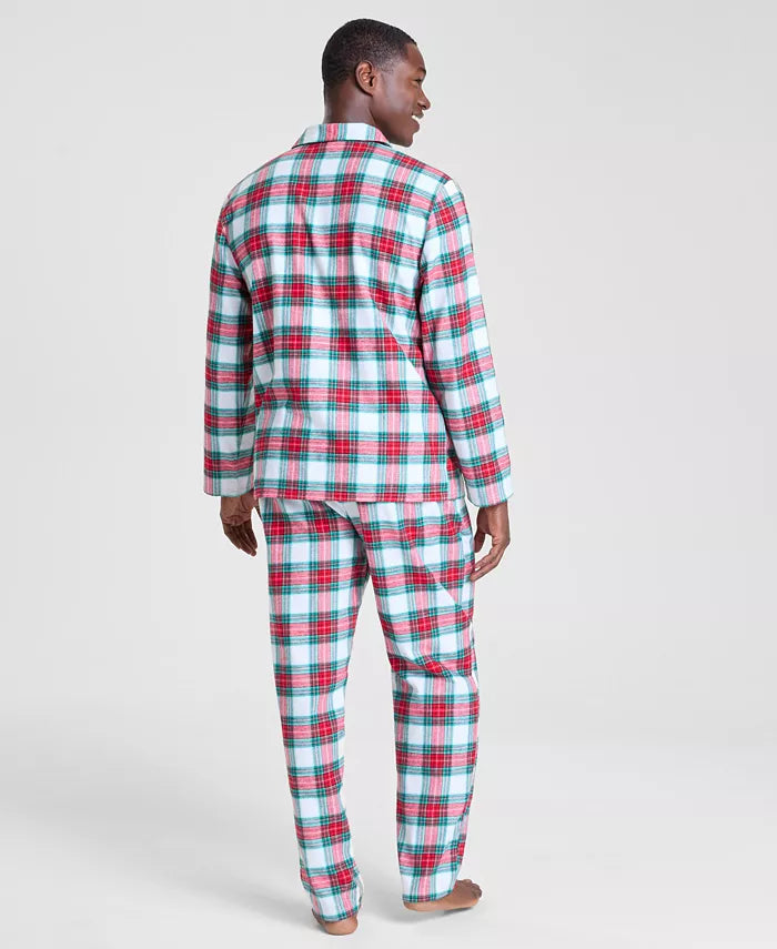 Button Front Flannel Pajama Set with Side Pockets and Long Sleeves, Plaid Pattern