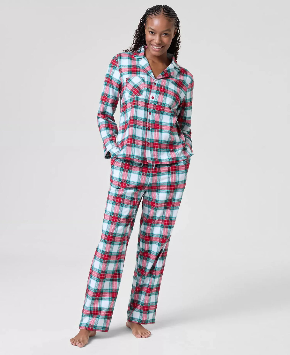 Plaid Pajama Set with Notched Collar Top and Tie Waist Pants
