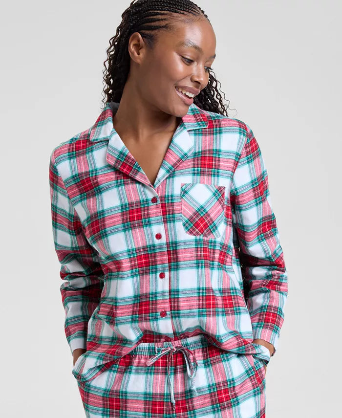 Plaid Pajama Set with Notched Collar Top and Tie Waist Pants