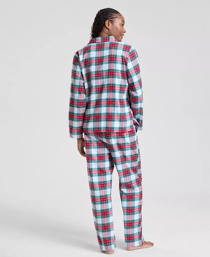 Plaid Pajama Set with Notched Collar Top and Tie Waist Pants