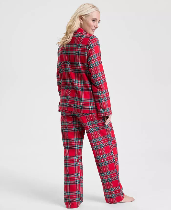 Plaid Flannel Pajama Set with Button Front and Notched Collar, Machine Washable
