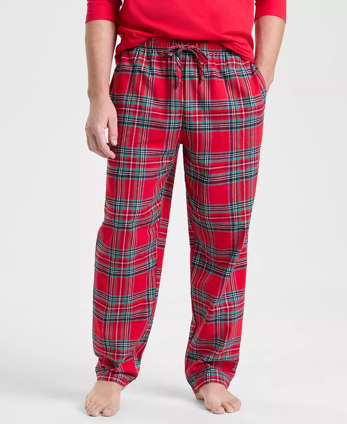 Cotton Flannel Pajama Set with Plaid Design and Elastic Drawstring, Side Pockets