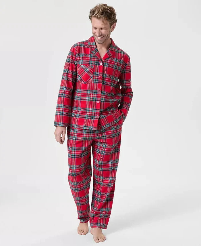 Flannel Pajama Set with Plaid Pattern, Button Front Top and Elastic Waist Pants