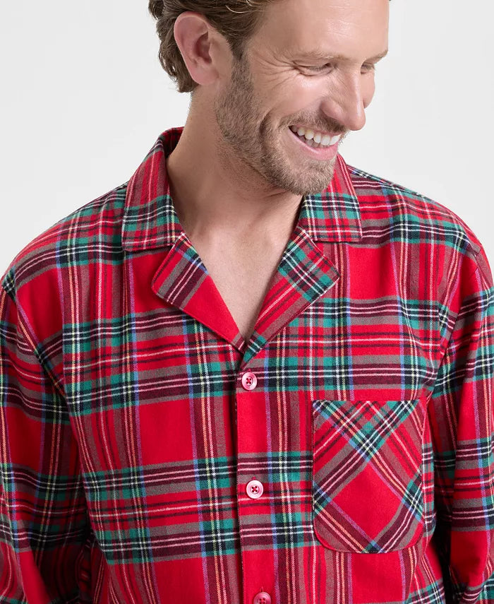 Flannel Pajama Set with Plaid Pattern, Button Front Top and Elastic Waist Pants