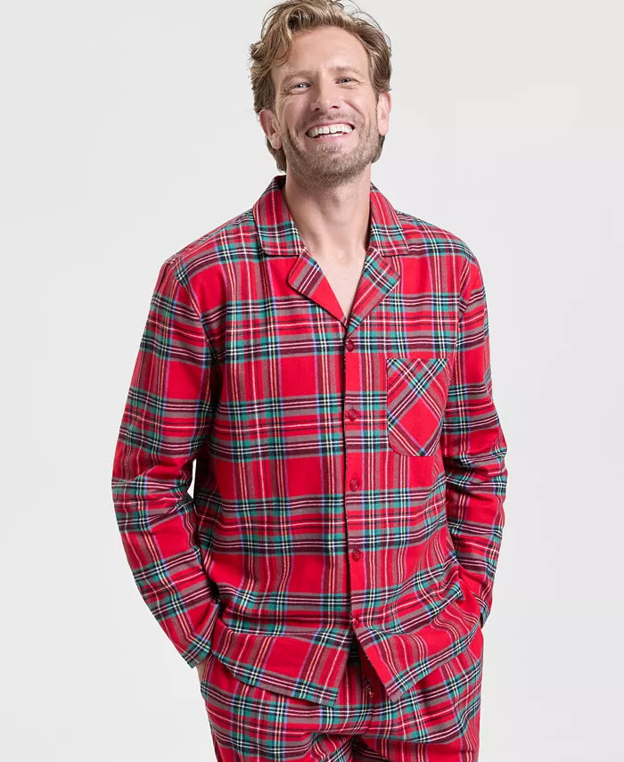 Flannel Pajama Set with Plaid Pattern, Button Front Top and Elastic Waist Pants