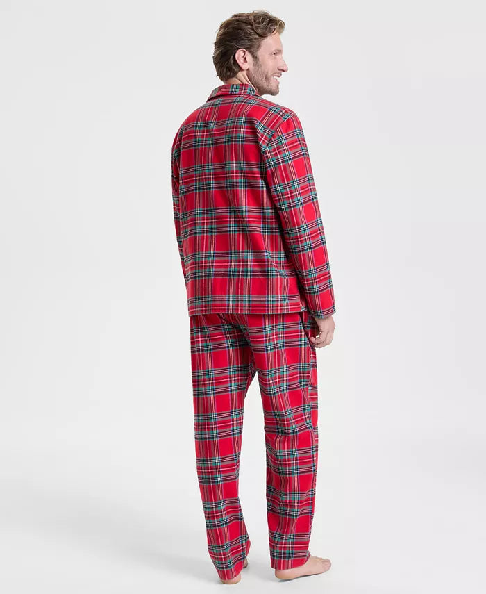 Flannel Pajama Set with Plaid Pattern, Button Front Top and Elastic Waist Pants