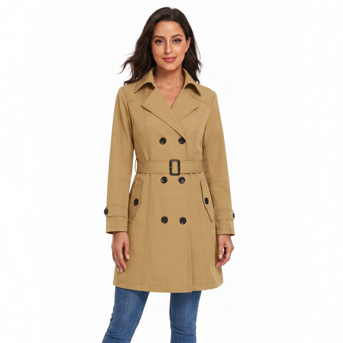 Womens Trench Coat, Classic Lapel, Belted Outerwear