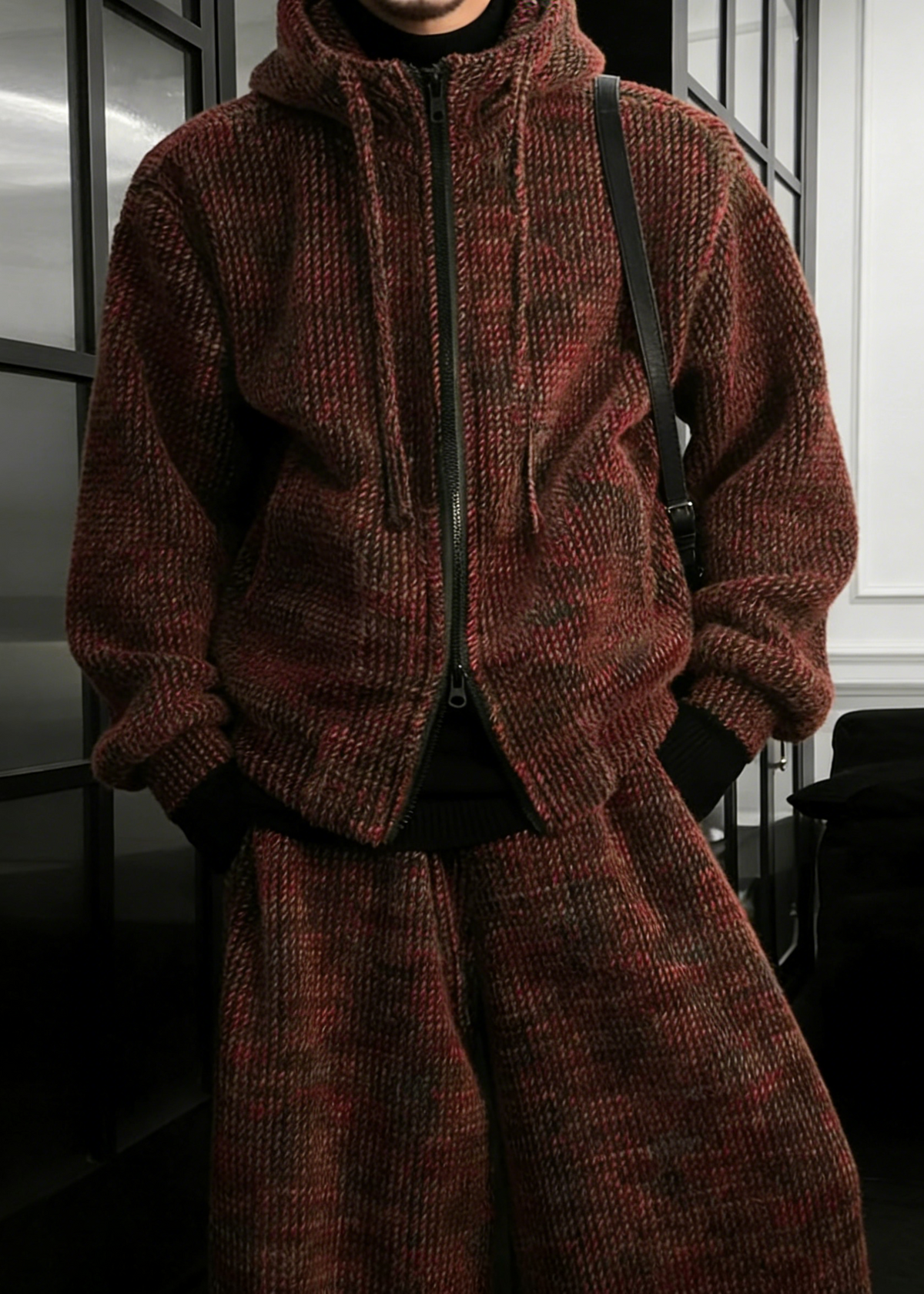 Textured Knit Hoodie and Wide Leg Pants Set with Mixed Color Yarn