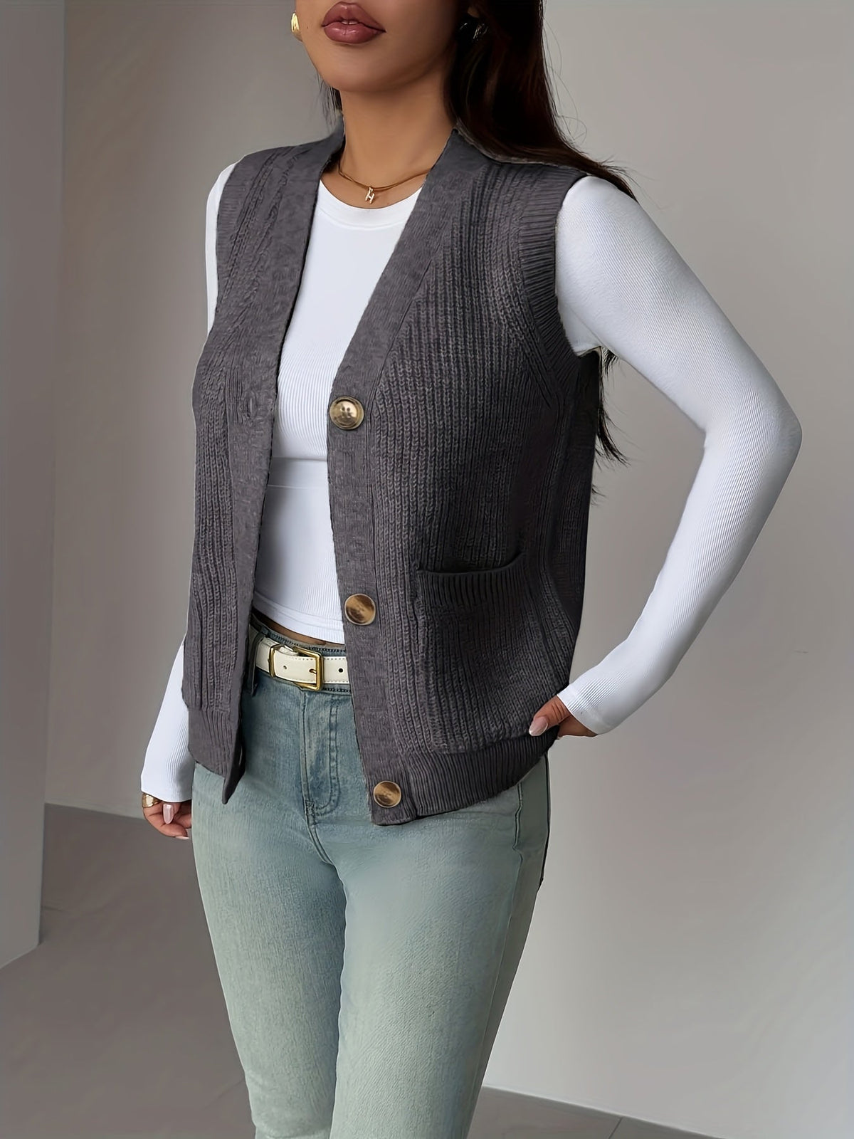 Buttoned V-Neck Knit Vest with Front Pockets and Relaxed Fit