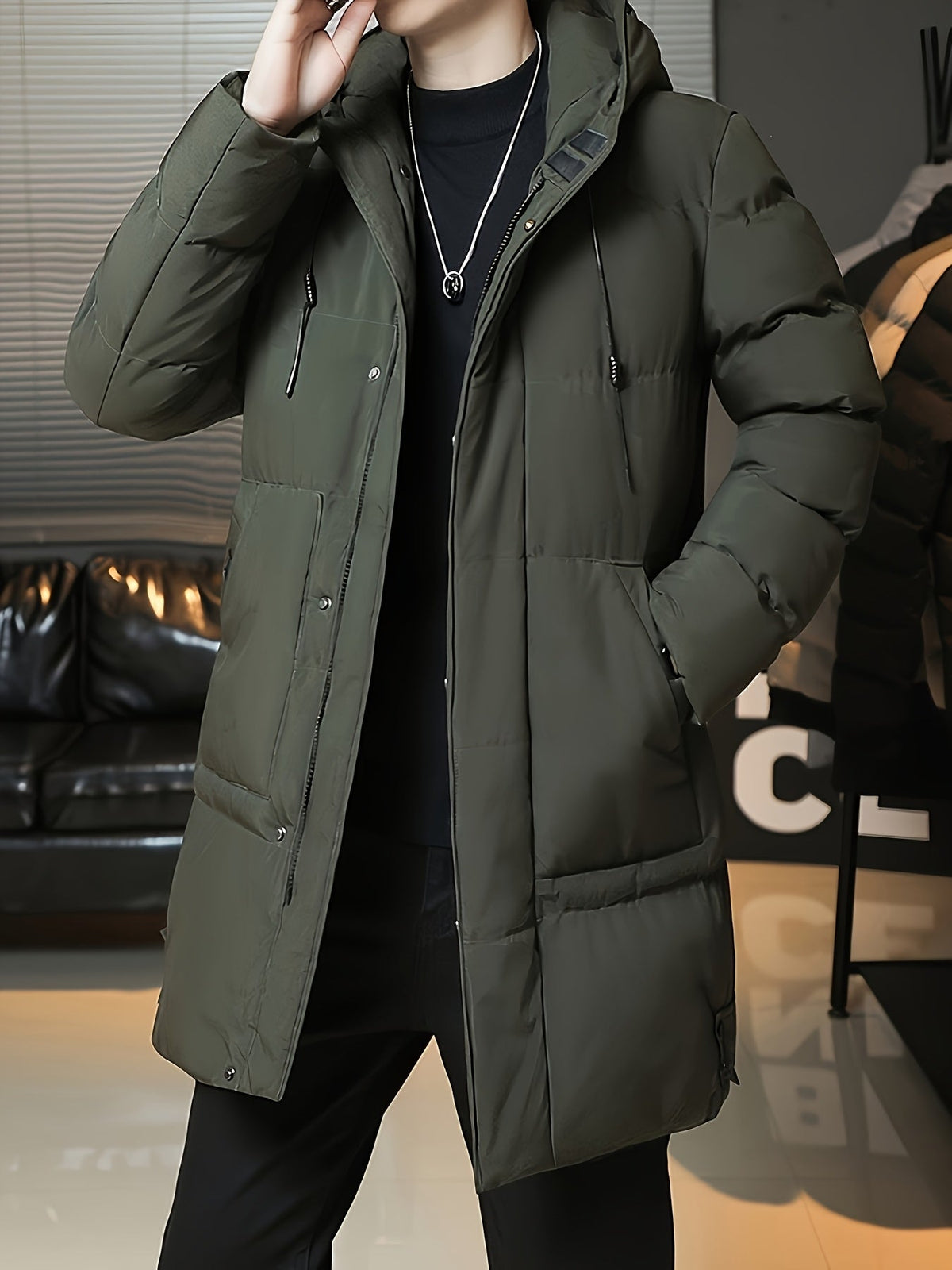 Insulated Longline Hooded Coat with Full-Length Zipper and Adjustable Hood