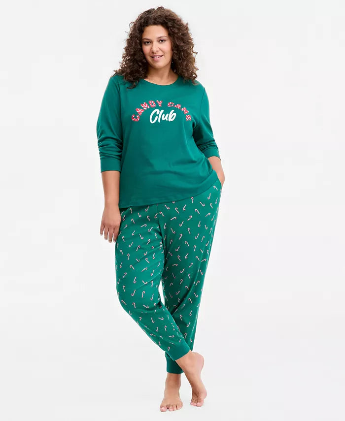 Crewneck Pajama Set with Side Pockets and Elastic Waist, Holiday Print