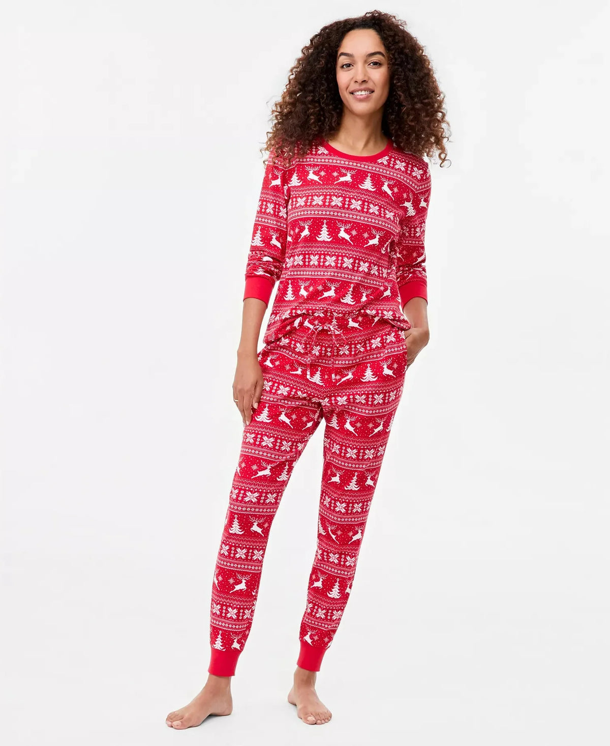 Womens Pajama Set with Deer Fairisle Print, Crewneck Top and Jogger Pants
