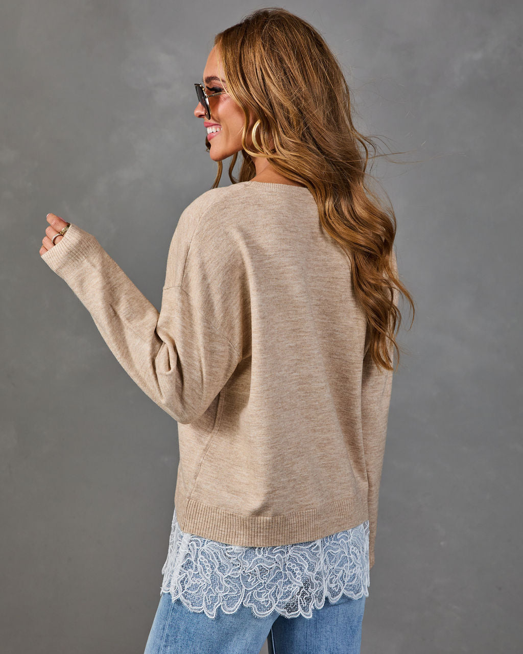 Womens Knit Sweater with Contrast Lace Hem and Ribbed Trim
