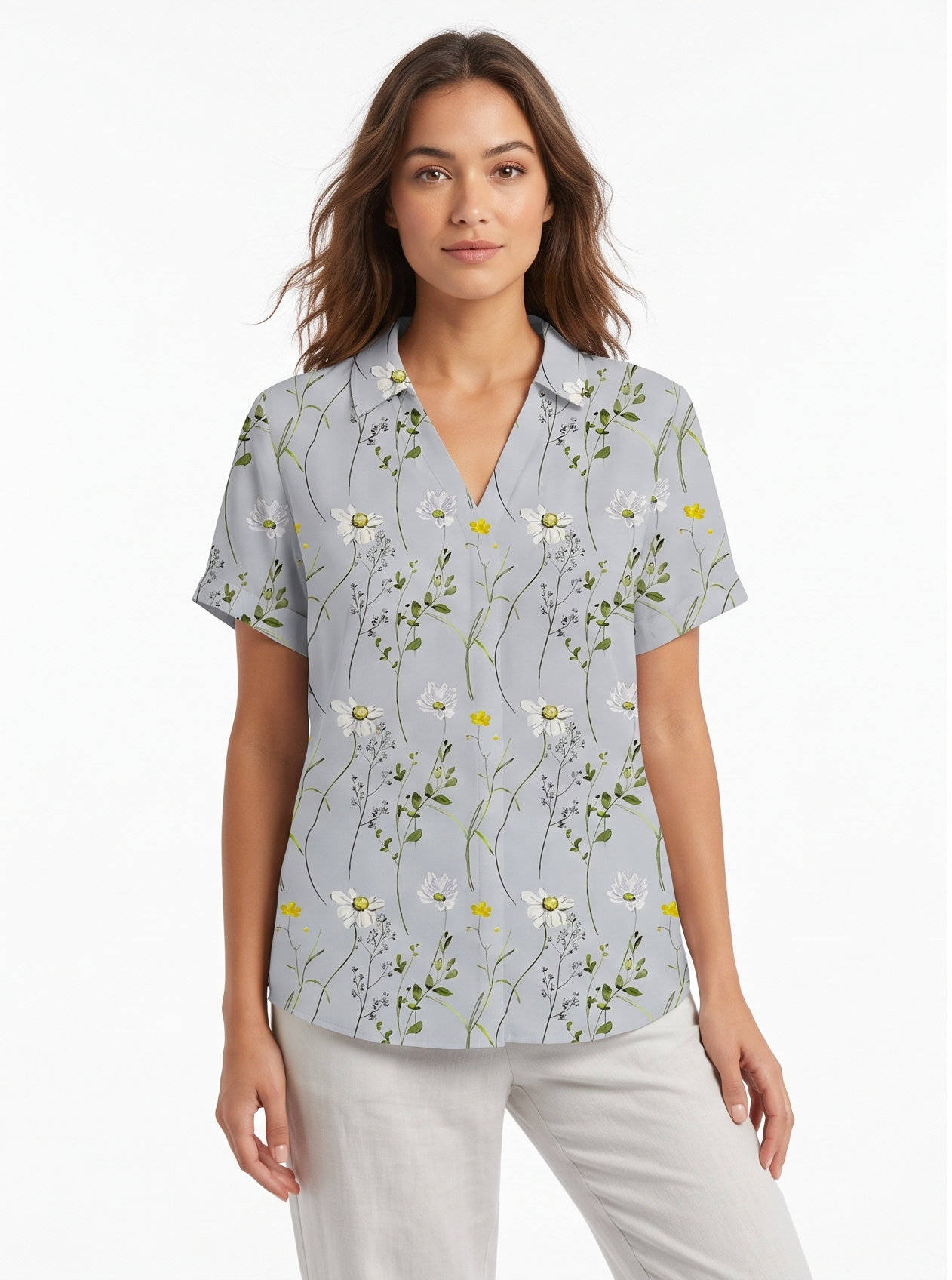 Women's Floral Print Linen Blouse, Vintage Peter Pan Collar Short Sleeve Shirt, Casual Lightweight Prairie Tops
