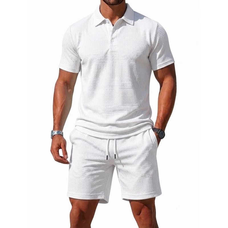 Mens Knitted Polo and Shorts Set, Vintage Casual Two Piece Outfits, Short Sleeve Textured Tracksuit
