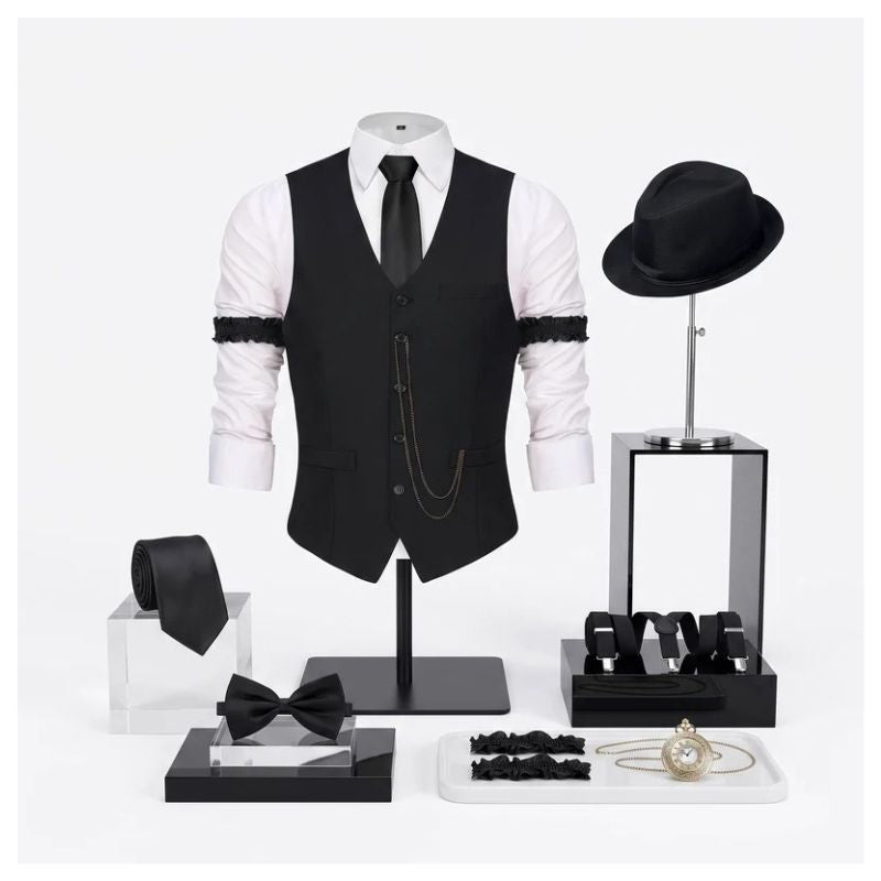 Mens 1920s Gatsby Costume, Roaring 20s Outfit, Vintage Vest and Hat Accessories