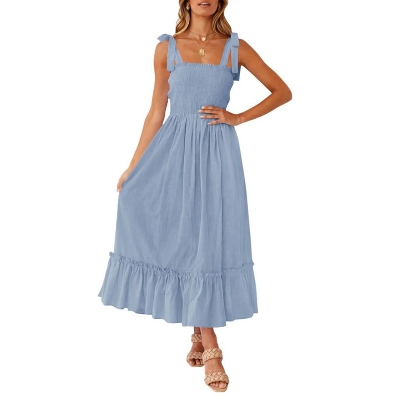 Womens Boho Maxi Dress, Square Neck Spaghetti Strap Ruffle a Line Beach Dress