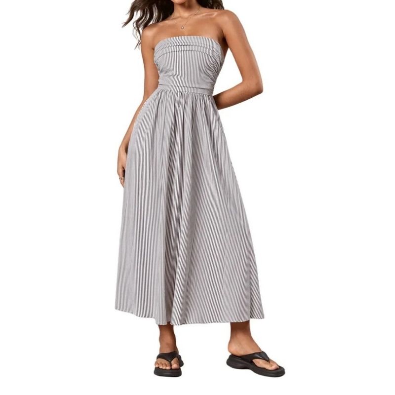Womens Striped Strapless Maxi Dress, Casual Tube Top Summer Dress with Pockets