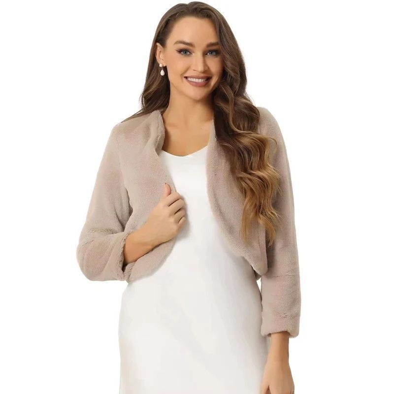 Womens Cropped Faux Fur Jacket, Long Sleeve Wedding Bolero Coat