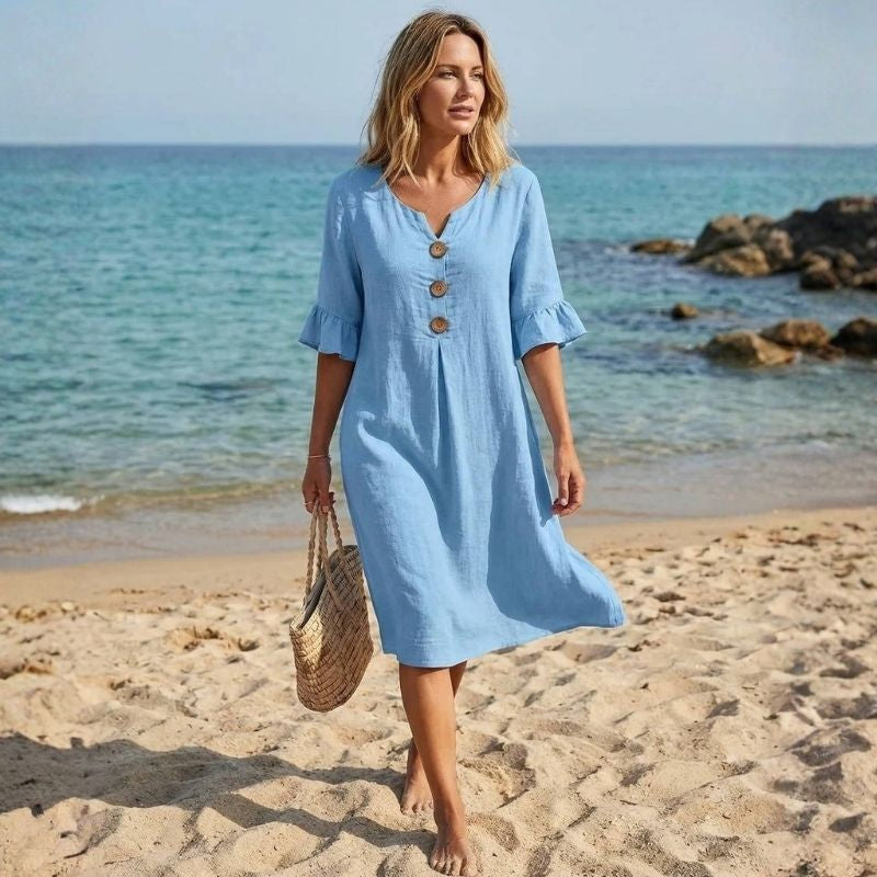 Womens Summer Dress, Ruffle Short Sleeve V Neck Midi Dress, Casual Lightweight Beach Sundress