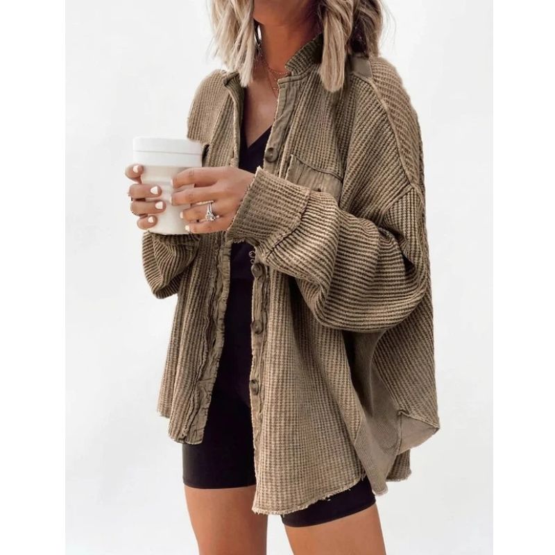 Oversized Waffle Knit Shirt Women Fall Shacket, Corduroy Long Sleeve Button Down Shirt Jacket
