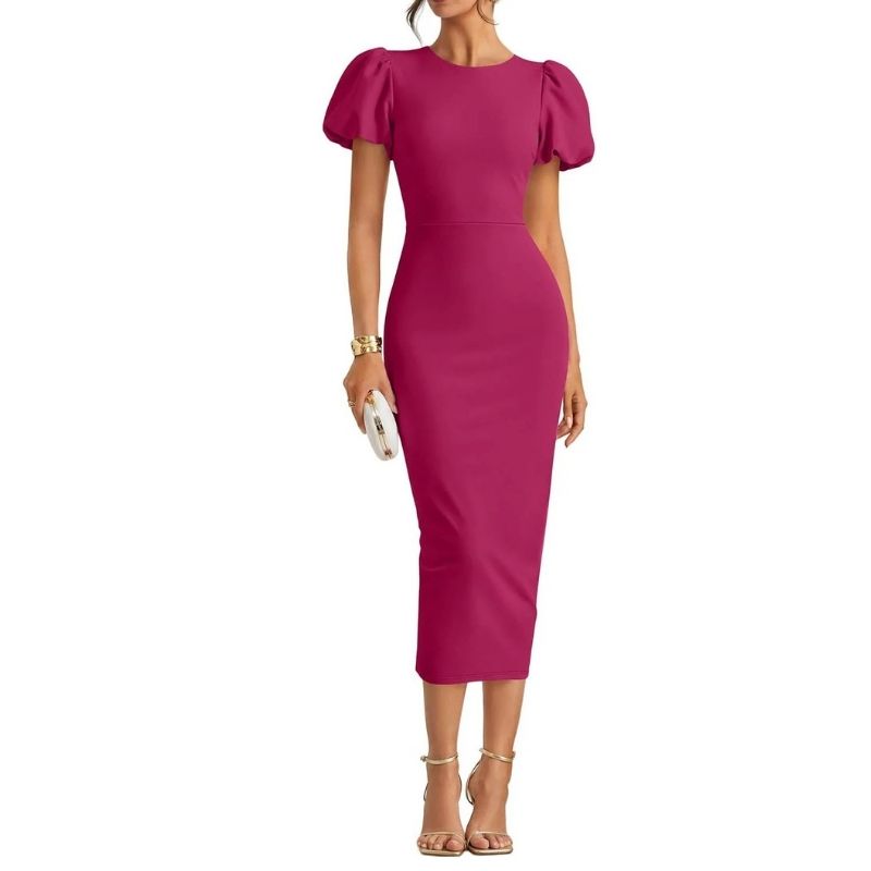 Womens Bodycon Midi Dress, Short Sleeve Wedding Guest Cocktail and Formal Dress