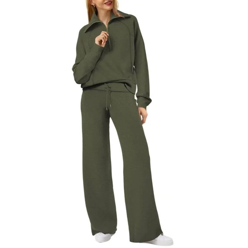 Womens 2 Piece Outfits, Casual Lapel Half Zip Sweatshirt and Wide Leg Pants Tracksuit Set