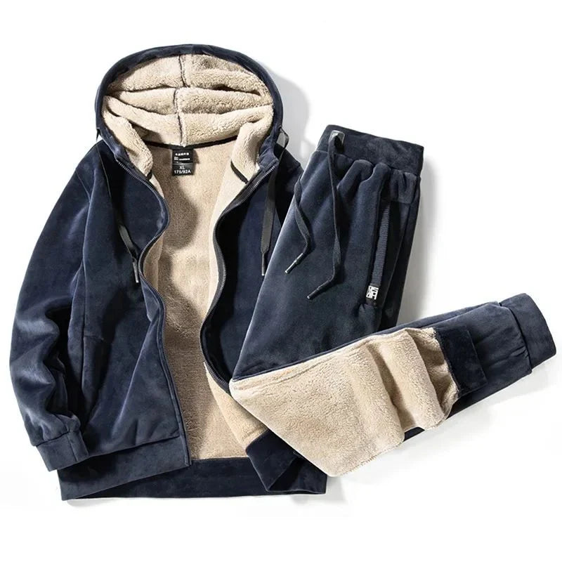 Fleece Tracksuit Set with Hooded Jacket and Elastic Waistband Pants for Winter