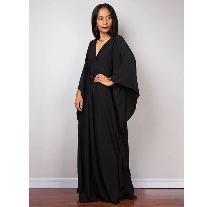 Moomoo Dresses for Women, Plus Size V Neck Long Batwing Sleeve Floral Beach Cover Up Dress