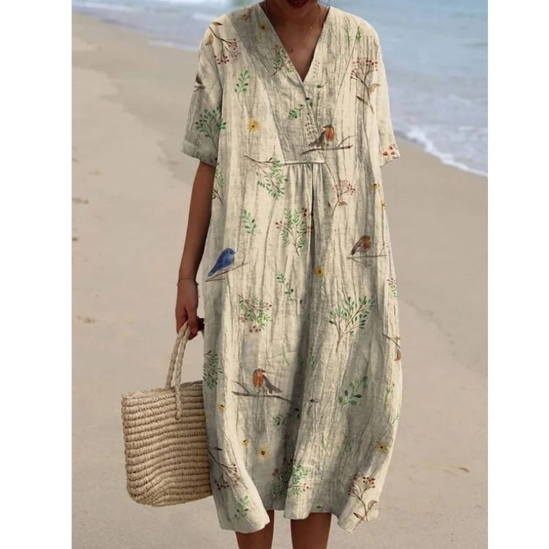 Womens Cotton Maxi Dress, Floral V Neck Short Sleeve Oversized Casual Midi Dress