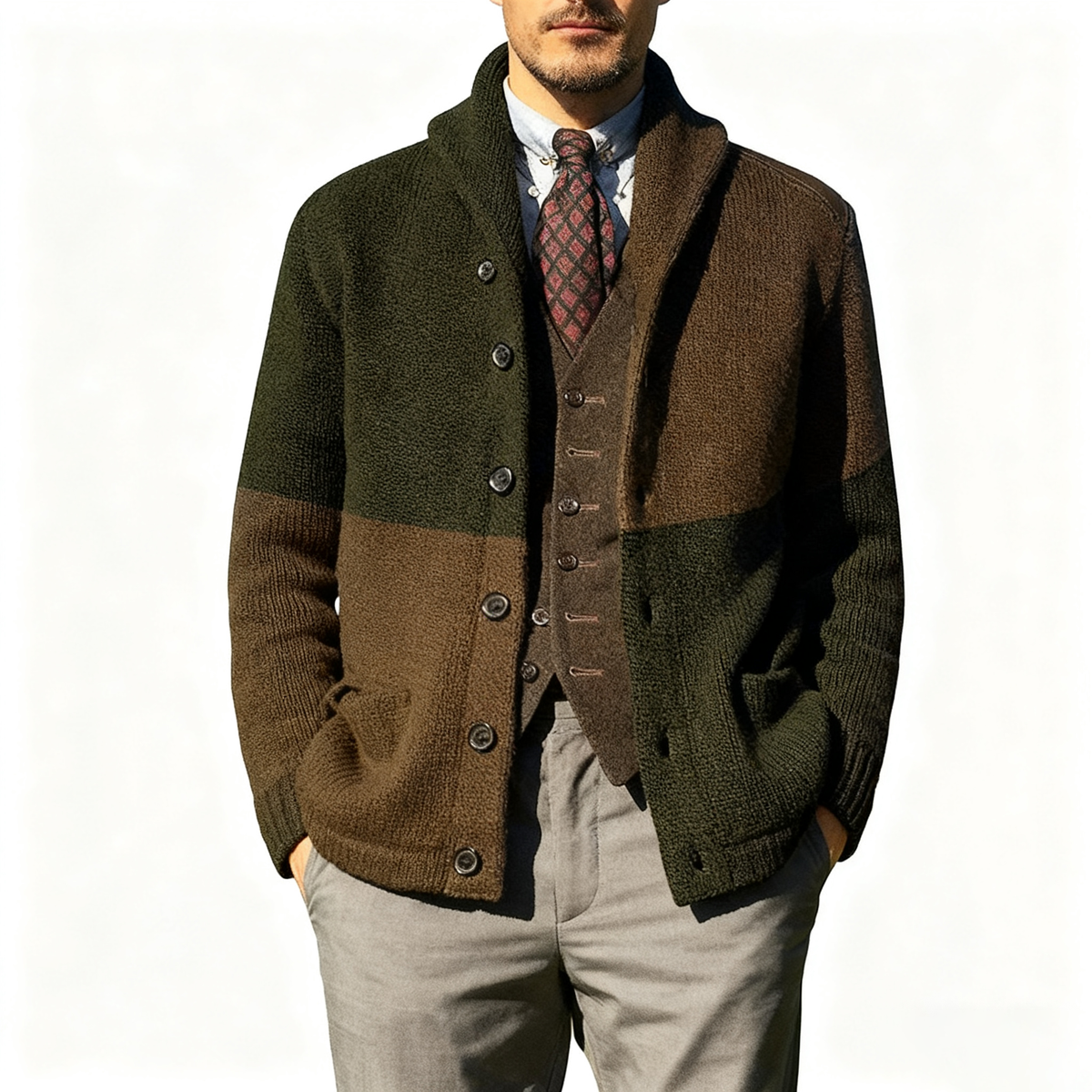 Contrast Knitted Jacket with Patchwork Color Blocking and Lapel Collar