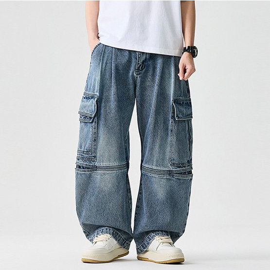Mens Heavyweight Jeans Cargo Baggy Pants, Durable Loose Fit Cargo Denim for Casual Streetwear