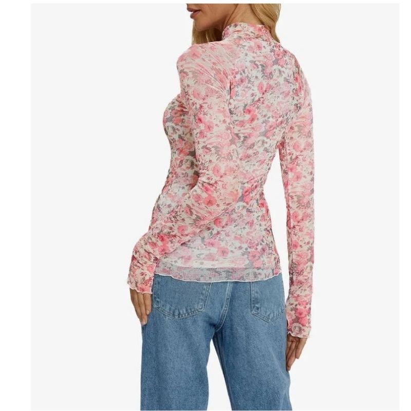 Womens Floral Lace Sheer Mesh Top - Slim Fit Lightweight Long Sleeve Top