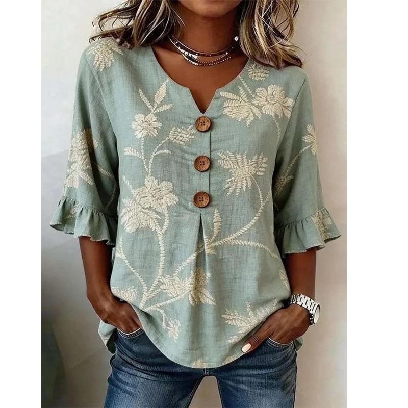 Womens Floral Print Linen Blouse, Vintage V Neck Sleeve Shirt, Casual Ruffle Cuff Button Down Tops