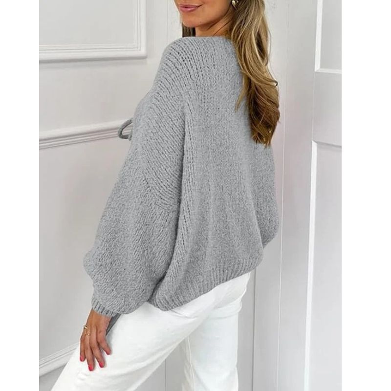 Womens Tie Front Bow Cardigan Sweater, Cozy Chunky Knit Long Puff Sleeve Open Front Sweater Jacket