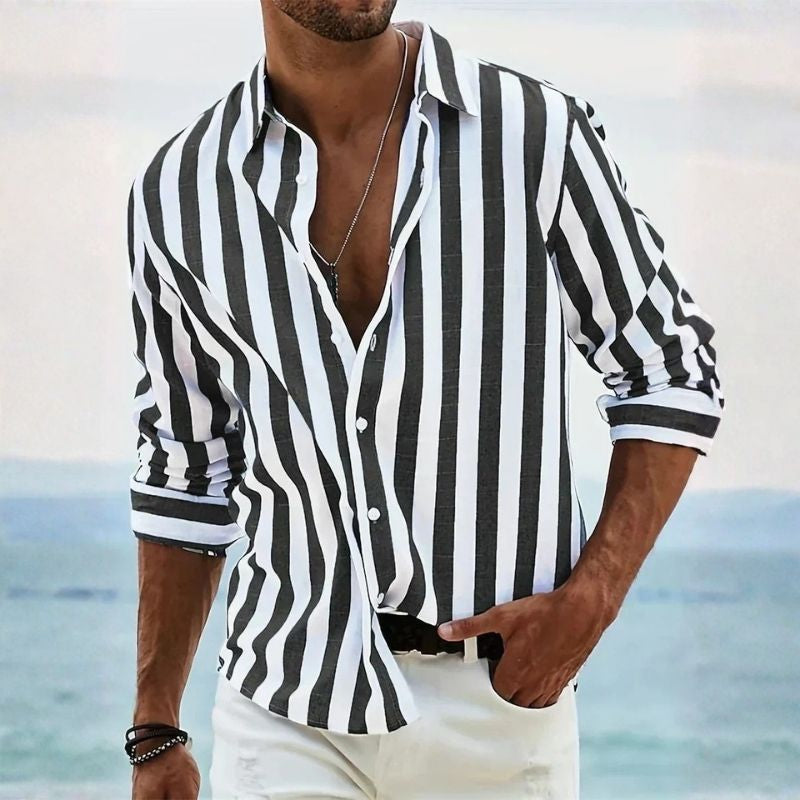 Mens Vertical Striped Button Down Shirt, Lightweight Breathable Summer Shirt, Regular Fit Casual Shirt