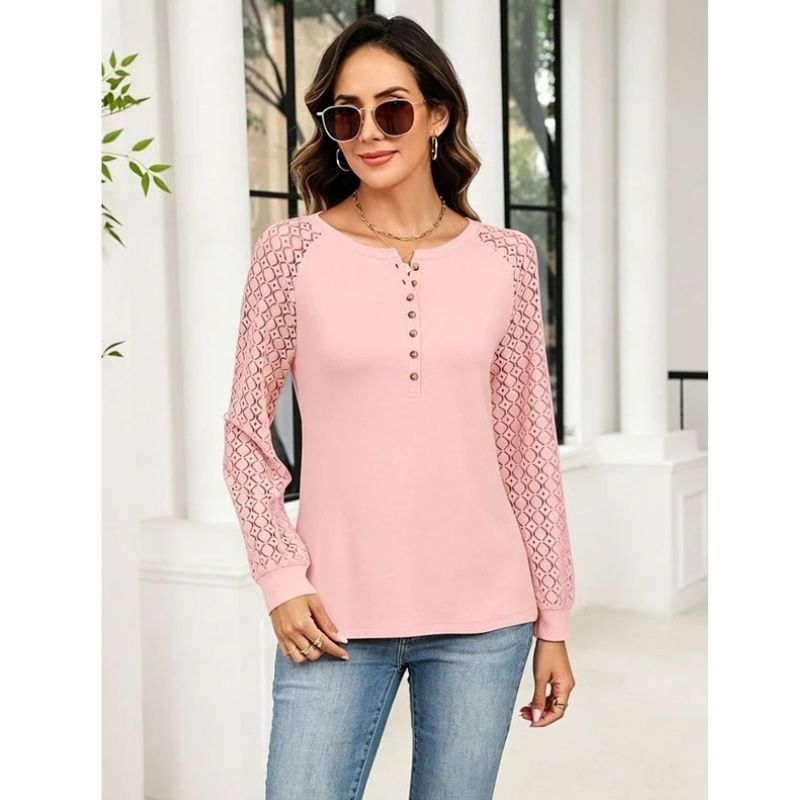 Womens Lace Long Sleeve Henley Top - Casual Fall Blouse