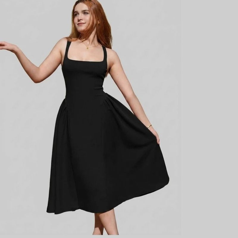 Womens Square Neck A Line Midi Dress, Elegant Wedding Guest and Evening Party Dress