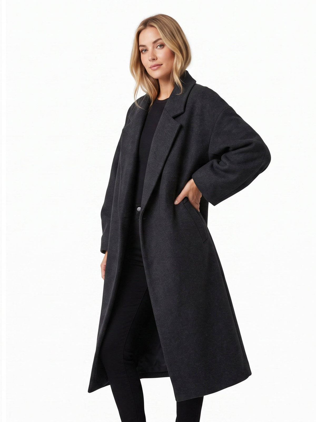 Womens Long Wool Coat, Double Breasted, Notch Lapel Winter Trench Coat
