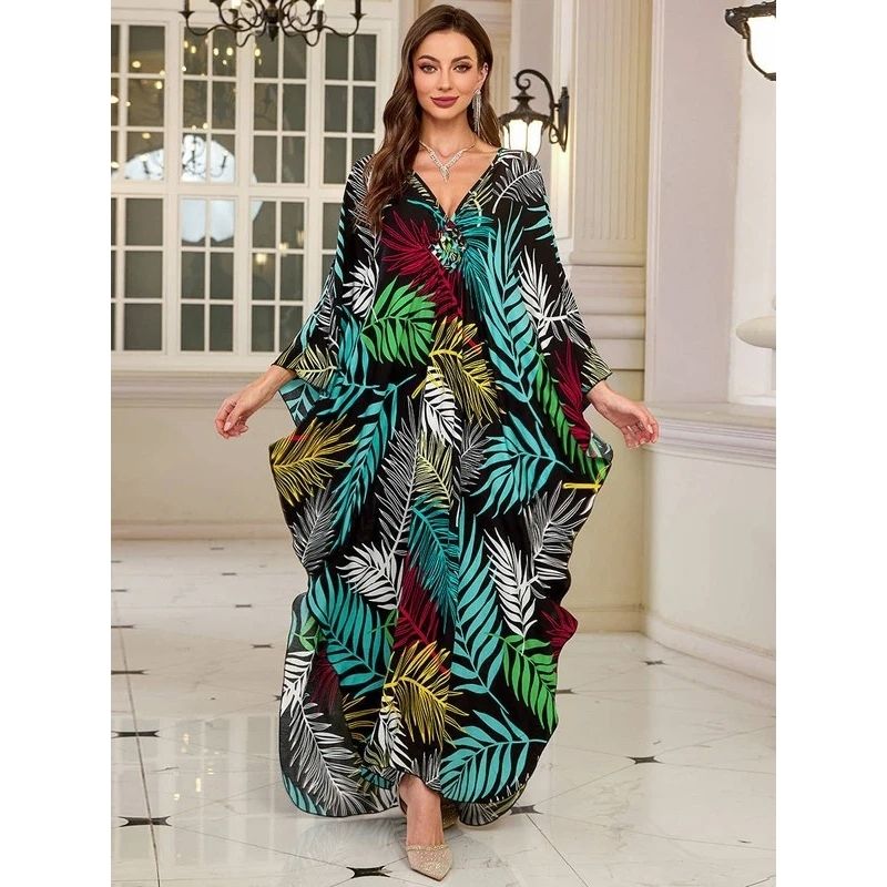 Moomoo Dresses for Women, Plus Size V Neck Batwing Sleeve Floral Kaftan Beach Cover Up Dress