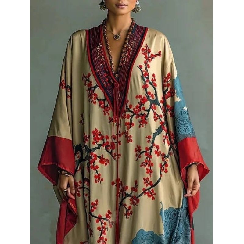 Moomoo Dresses for Women, Floral Print V Neck Batwing Sleeve Casual Flowy Maxi Dress