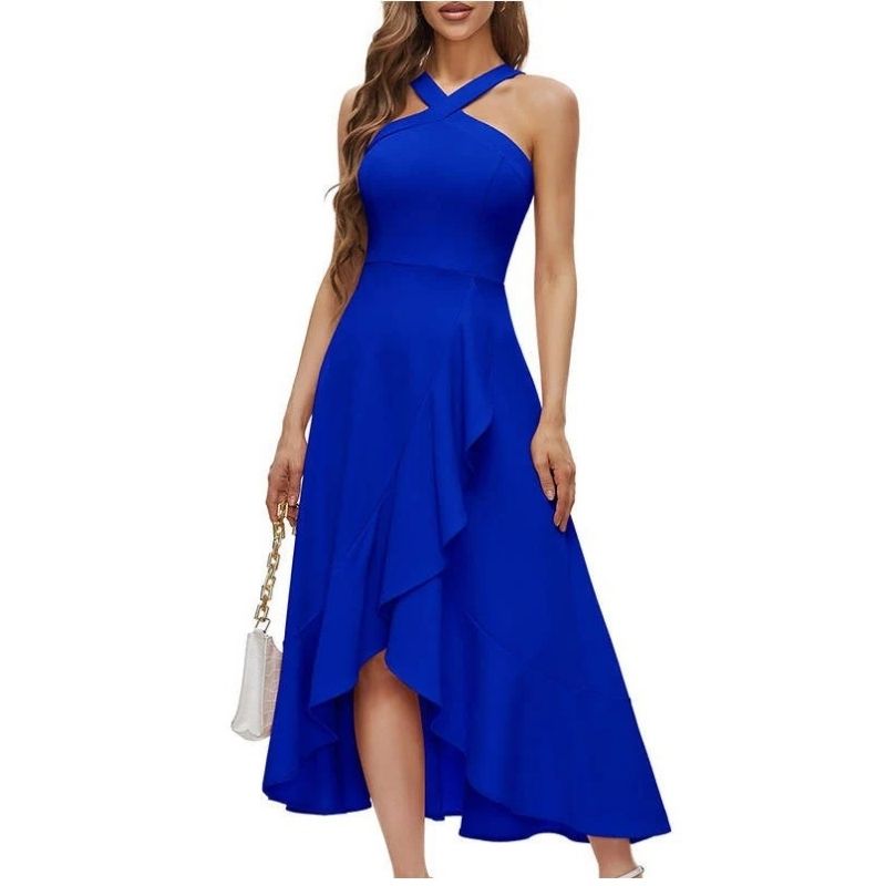 Womens Halter Formal Dress, Ruffled Hi Lo Maxi Wedding Guest and Bridesmaid Dress