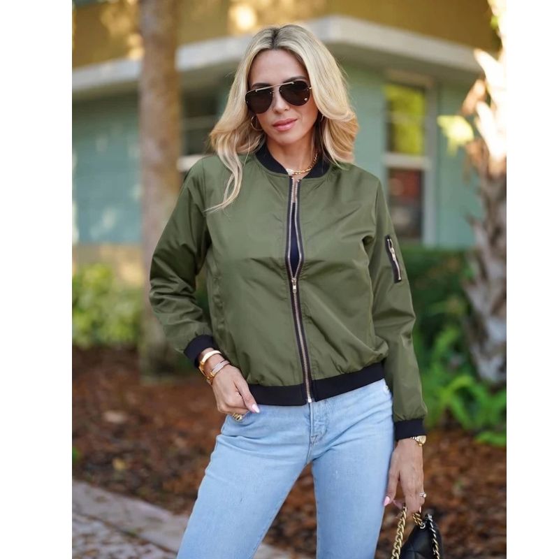 Womens Bomber Jacket, Zip Up Casual Coat with Pockets, Spring Fall Outerwear