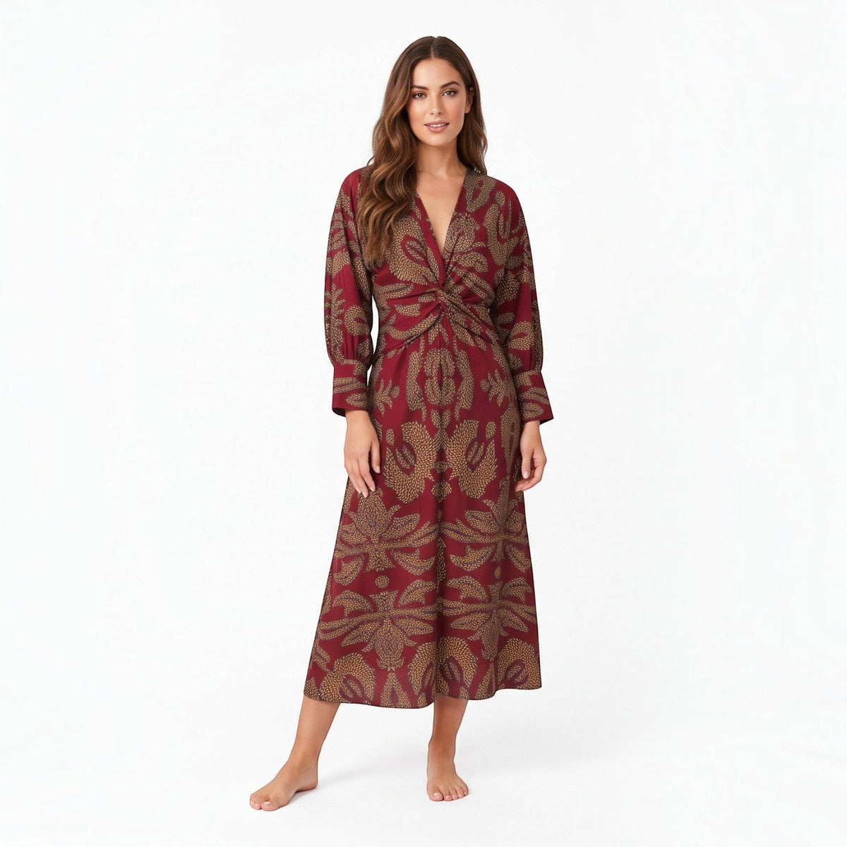 Womens Fall Wedding Guest Dress, V Neck Maxi Dress, Long Sleeve Elegant Formal Dress