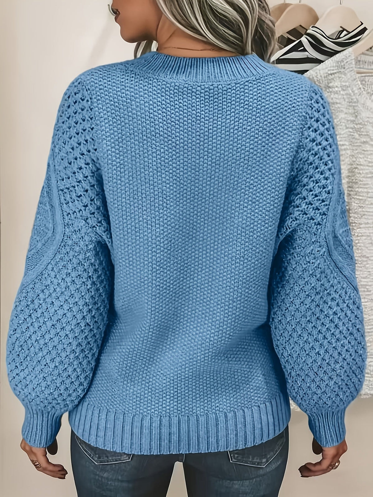 Textured Knit Pullover with Lantern Sleeves and Ribbed Neckline