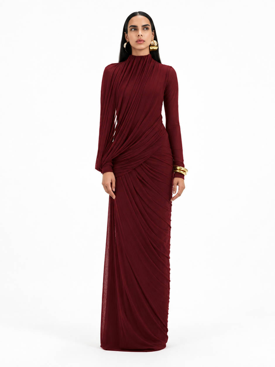 Womens High Neck Maxi Dress, Long Sleeve Draped Wedding Guest Dress, Elegant Formal Evening Dress