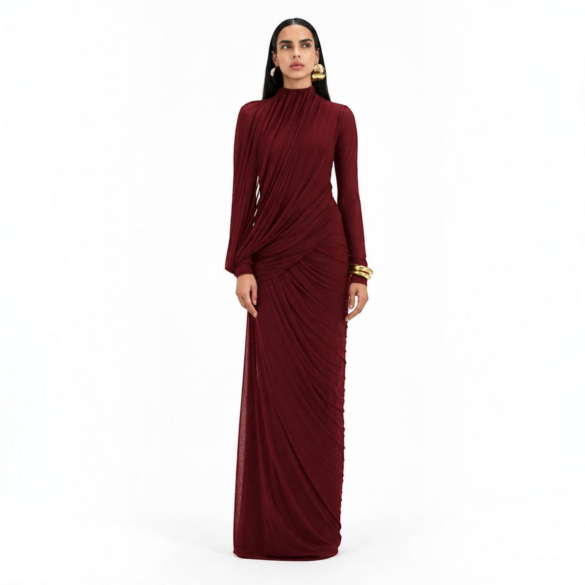 Womens High Neck Maxi Dress, Long Sleeve Draped Wedding Guest Dress, Elegant Formal Evening Dress