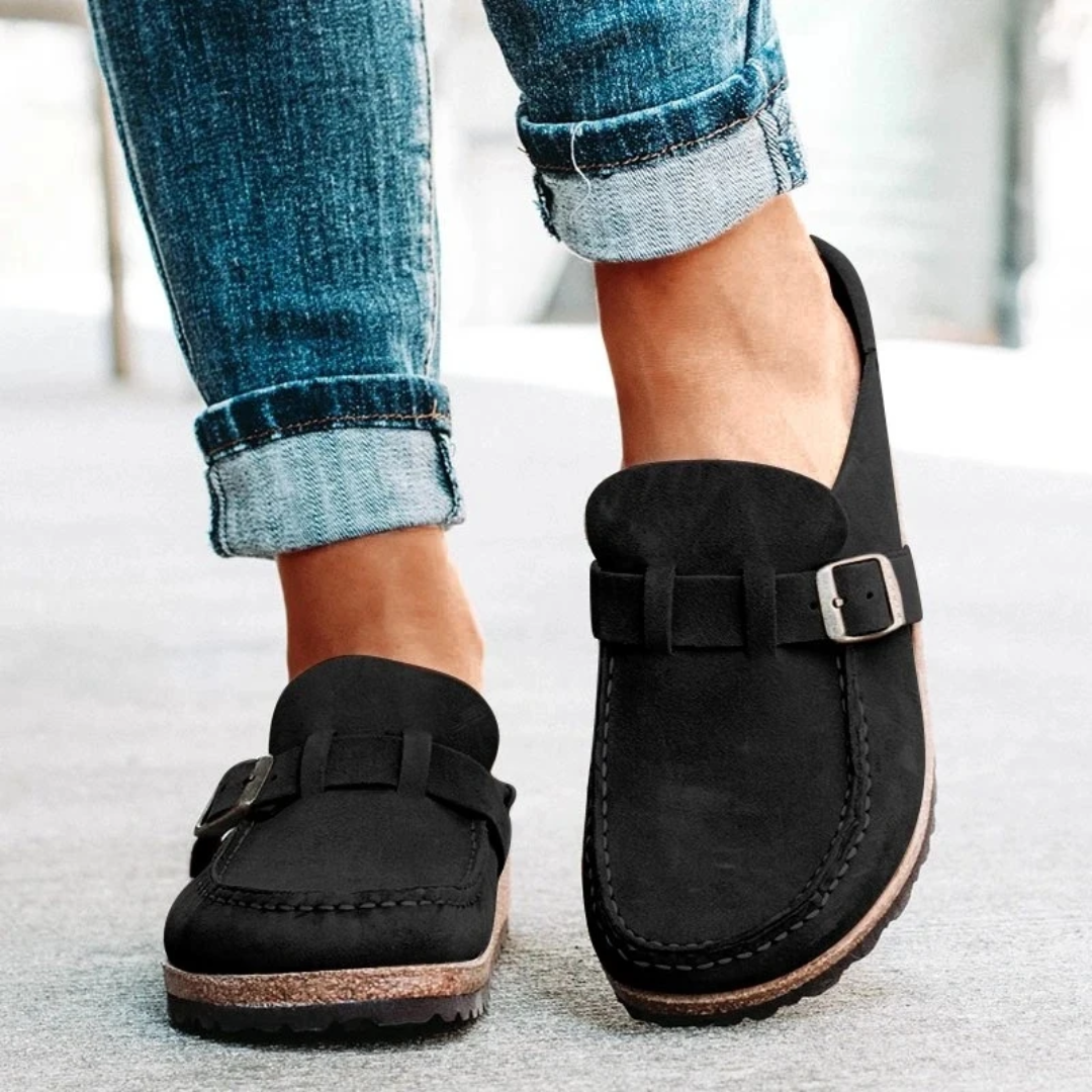 Womens Slip On Loafers with Metal Buckle Accent and Low Block Heel
