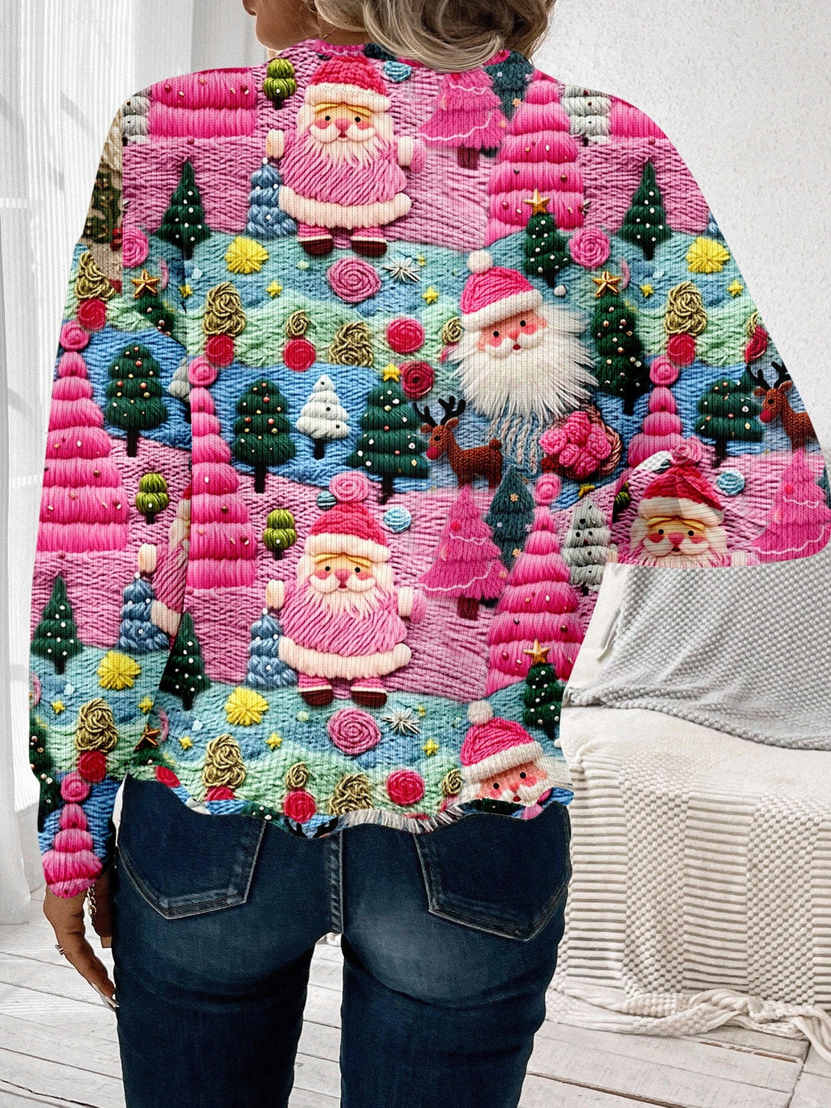 Womens Holiday Pullover Sweater with Scalloped Hem and Multicolor Pattern