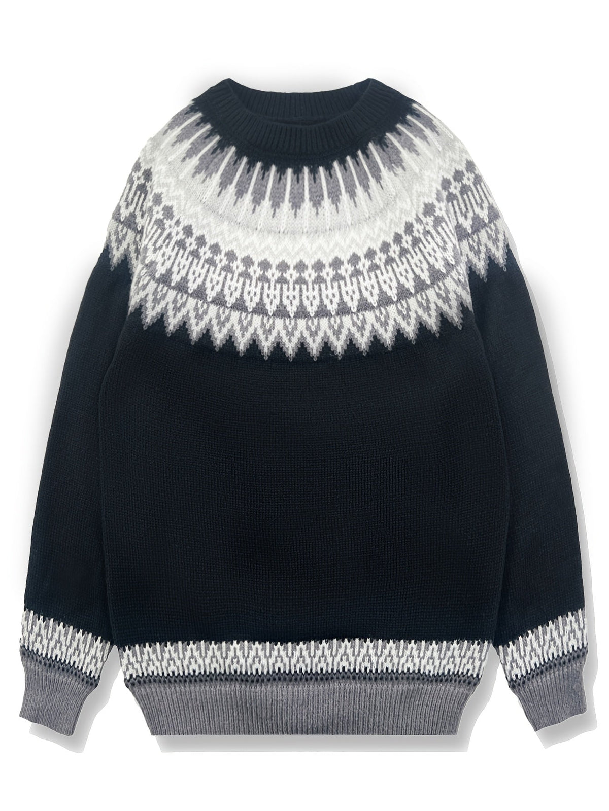 Chunky Jacquard Knit Sweater with Round Neck and Ribbed Cuffs, Hip Length